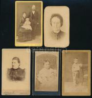 cca 1880, 5 darab vizitkártya, Pápa, Szentes, budaföldvár, Balassagyarmat, kopással, 11x7 cm alatt