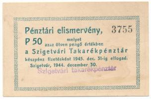1944. Szigetvár 50P pénztári elismervény "3755" sorszámmal, "Szigetvári takarékpénztár" felülbélyegzéssel T:VF folt Adamo SZV2.6