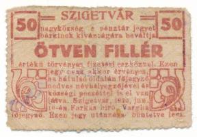 1920. Szigetvár 50f hátlapján "SOMOGY VÁRMEGYE SZIGETVÁR KÖZSÉG" bélyegzéssel T:F Adamo SZI-1.2