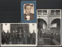 cca 1942-1943 Debrecen, doktorrá avatottak csoportképe, egy hiányos (csak fotó) diákigazolvány, és csoportkép a Parlament üléstermében, ugyanannak a személynek a hagyatékából, az utóbbi fotó szakadt, 18x12 cm és 11x7 cm közötti méretben.