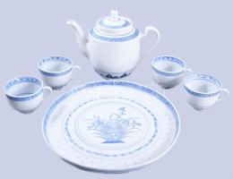 Kínai rizsszem mintás rizsboros készlet, tálcával, kiöntővel, hibátlan, d: 26 cm