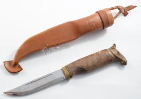 J. Marttini vadásztőr, lófej figurás lezárással, bőr tokban, h: 24 cm