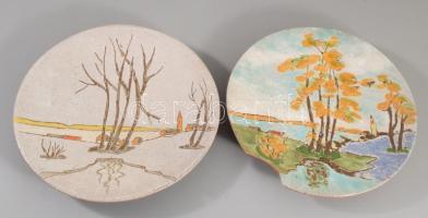 2 darab iparművész mázas kerámia falitál, egyik sérült, d: 23 cm