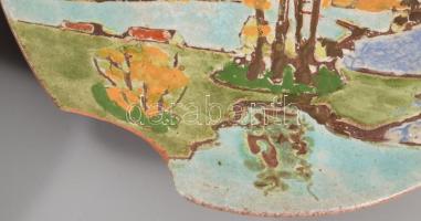 2 darab iparművész mázas kerámia falitál, egyik sérült, d: 23 cm