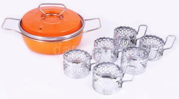 Orosz zománcozott edény, sérüléssel + 6 darab krómozott pohártartó