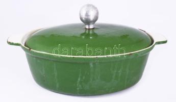 Orosz zománcozott öntöttvas fedeles sütőtál, zománchibával, 35x24 cm
