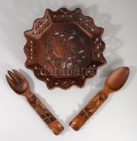 Kézzel faragott tál és kanál-villa pár, d: 27 cm, h: 25 cm