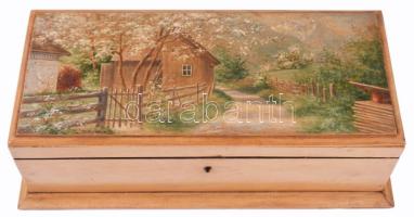 Fa díszdoboz, tetején tájképpel, 13x16 cm