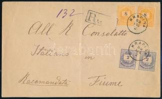 1888 Színes számú 2kr pár + Sztereo 8kr pár nagyon dekoratív ajánlott levélen "KRAPINA" - a fiumei olasz konzulátusra. Szép darab!!!