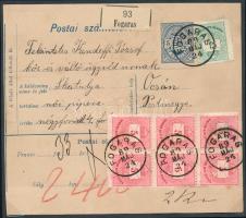 1889 Színes számú 3kr + 5kr elfogazott függőleges hatostömb látványos bérmentesítés csomagszállítón "FOGARAS" - "ÓCSA". Ex Ryan
