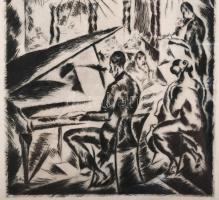 Schönberger Armand (1885-1974): Zenekar. Rézkarc, papír, jelzett, 23x17 cm. Üvegezett fakeretben