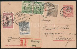 1920.jan.09. Ajánlott helyi díjjegyes levelezőlap kisegítő 1,55K díjkiegészítéssel, közte Nemzeti hadsereg bevonulása 25f bélyeg RRR! futva ritka!