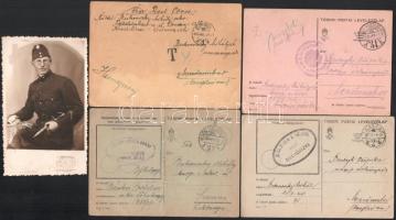 1939-1945 Bukovszky Mihály karp. szakaszvezető/őrvezető 3 tábori postája, és 1 neki szóló tábori posta, egy őt ábrázoló fotólappal (8x13 cm)