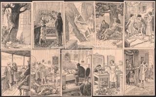 Geiger Richárd (1870-1945): 10 db illusztráció, klisé, papír, jelzett a klisén, 13x8,5 cm körüli méretben