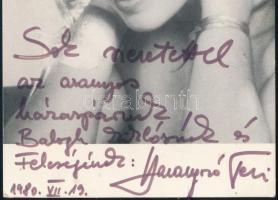 1980 Harangozó Teri (1943-2015) énekesnő dedikáció egy őt ábrázoló képen, 16x10 cm