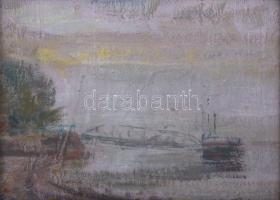 Vén Emil (1902-1984): Hajnali köd, Nagymaros (Dunapart), 1956. Olaj, karton, jelezve jobbra lent: Vén. Hátoldalán autográf felirattal. Dekoratív, kissé sérült fakeretben, 20x27,5 cm