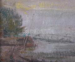 Vén Emil (1902-1984): Hajnali köd, Nagymaros (Dunapart), 1956. Olaj, karton, jelezve jobbra lent: Vé...
