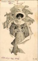 1902 Prosit Neujahr! / New Year greeting art postcard with lady and pigs. Art Nouveau, litho (fl)