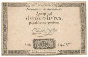 Franciaország 1792. 10L "Assignata" vízjellel és szárazpecséttel "1428" T:F France 1792. 10 Livres "Assignat" with watermark and embossed stamp "1428" C:F Krause A66