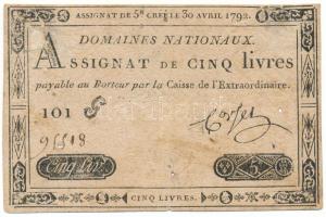 Franciaország 1792. 5L "Assignata" "101" vízjellel és szárazpecséttel T:VG lyukak, ragasztott France 1792. 5 Livres "Assignata" "101" with watermark and embossed stamp C:VG holes, sticked Krause P#A61