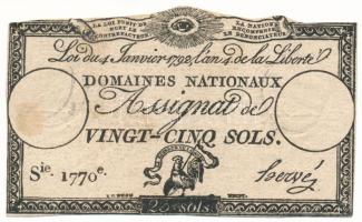 Franciaország 1792. 25s "Assignata" "1770", vízjellel és szárazpecséttel T:F, lyukak France 1792. 25 Sols "Assignata" "1770", with watermark and embossed stamp C:F, holes Krause P#A55