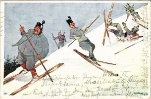 K.u.K. military art postcard, alpine unit skiing, winter sport, humour, B.K.W.I. 560-7. s: Schönpflug (EK)