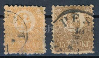 1871 Kőnyomat 2kr, 15kr (60.000) javított, elvékonyodott, foghibás bélyegek / repaired, faulty stamps, thin paper