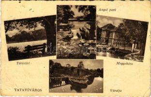 Tata, Tata-Tóváros, tórészlet, Angolpark, Megyeháza, Váralja. Lindenberg A. kiadása (Rb)