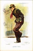 Wiener Typen - Ein Unterstandslose / Bécsi típusok / Types from Vienna. Austrian art postcard. B.K.W.I. 917-9.