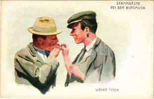 Wiener Typen - Stammgäste bei der Burgmusik / Bécsi típusok / Types from Vienna. Austrian art postcard. B.K.W.I. 917-12.