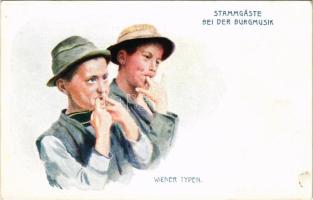 Wiener Typen - Stammgäste bei der Burgmusik / Bécsi típusok / Types from Vienna. Austrian art postcard. B.K.W.I. 917-18. (fl)