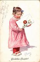 1917 Glückliches Neujahr / New Year greeting art postcard with girl and letter. B.K.W.I. 3004-2. s: K. Feiertag + "K. k. schw. Feld-Art.-Regiment Nr. 21. Batterie 4" (lyuk / hole)