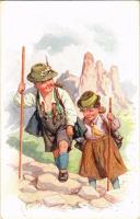 Tyrolean folklore art postcard, hiking. B.K.W.I. 775-2. s: K. Feiertag (EK)