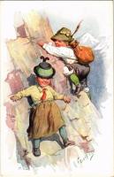 Tyrolean folklore art postcard, hiking. B.K.W.I. 775-4. s: K. Feiertag