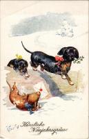 Herzliche Neujahrsgrüsse / New Year greeting art postcard with Dachshund dogs. B.K.W.I. 2843-4. s: K. Feiertag (fa)