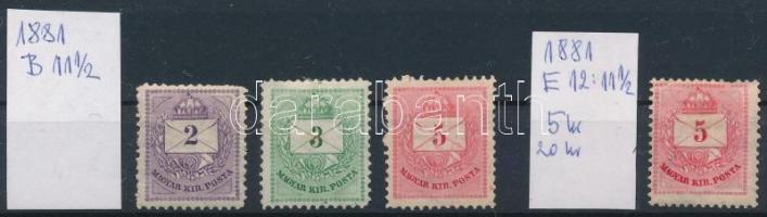 1881 3 db bélyeg 11 1/2 fogazással + 5kr 12 : 11 1/2 fogazással (2kr postatiszta / MNH)