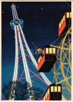 1957 Gruß von der Wiener Messe! Zwei Wiener Wahrzeichen. Das alte Risenrad im Prater und der 150m hohe Mannesmannturm bei Nacht mit seinen neonbeleuchteten Eckstielrohren / Greetings from the Vienna Trade Fair! Two Viennese landmarks: the old Ferris wheel in the Prater and the 150m high Mannesmann Tower at night with its neon-lit corner pillars + "Wiener Internationale Frühjarhsmesse Wien Messe Rotundengelände 10-17. 3. 1957" So. Stpl. (EB)