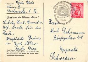 1957 Gruß von der Wiener Messe! Zwei Wiener Wahrzeichen. Das alte Risenrad im Prater und der 150m ho...