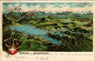 1903 Bodensee, Gruss vom Bodensee. Verlag der Wagner'schen Buchhandlung, J. Webering. G. Blümlein &amp; Co. Art Nouveau, litho with coat of arms (small tear)