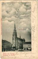 1900 Eszék, Essegg, Osijek; Pfarrkirche / Plébániatemplom, piac, üzletek. Georg Knittel fényképész kiadása, montázs kerékpárral repülő hölggyel este holdfényben / parish church, market, shops. Montage with lady on a bicycle in the air at night (EB)