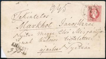 1871 5kr díjjegyes boríték 10kr hátoldali kiegészítéssel "BUDA 1SŐ LEV. GYÜJDE III IND." (Gudlin 700 pont) - "NYITRA" (a 10kr bélyeg és a boríték sarokhiányos / missing stamp and envelope corner)