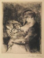 Szőnyi István (1894-1960): Anya gyermekével. Rézkarc, papír, jelzett. Üvegezett, fakeretben. 18,5x15 cm