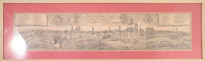 XX. század "Die Churfürstliche Haubt und Residenz Stadt München, Wie solche von Mitternacht gegen Mittag anzusehen ist", Münchent ábrázoló régi metszet modern reprodukciója, rotációs fametszet, paszpartuban, üvegezett fakeretben, 15,5x63,5 cm, keret: 24x72 cm.