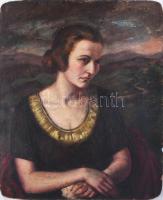 Pick Emmy (1900 - ?): Éva (női portré). Olaj, karton, jelezve jobbra lent. Hátoldalán Nemzeti Szalon 1930 körüli raglapjával. Proveniencia: Saphier-gyűjtemény. Sérült. 75x62 cm