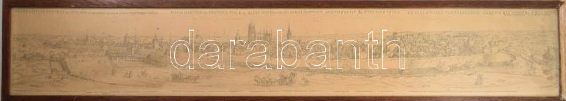 XX. század "Warhafftige Contrafactur der fürtrefflichen und weitberumten Sestat Dantzig in Preussen wie dieselbe vom Bischofsberge eigentlich anzusehen ist da zugleich unten an alle Kirchen und fürnembste Gebewe mit sonderlichen Buchstaben verzeichnet und genennet werden", Danzig / Gdańsk balti-tengeri porosz város (jelenleg Lengyelország) látképe, régi metszet modern reprodukciója, sérült üvegezett fakeretben, 17x108 cm, keret: 20,5x111,5 cm.