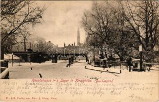 1901 Királyhida, Bruckújfalu Tábor, Brucker Lager, Bruckneudorf; Hauptstrasse in's Lager in Királyhida (Bruck-Újfalu) / Fő utca télen. Alex J. Klein kiadása / main street in winter (EK)