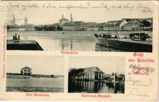 1900 Pancsova, Pancevo; Temeszeile, Vor Contumaz, Contumaz-Magazin / Temes sor, Vesztegzár, üzlet / Timis riverside (EK)
