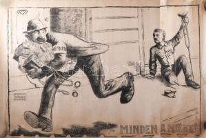 cca 1919-1920 Manno Miltiadesz (1879-1935): Minden a miénk! Litográfia, papír, jelzett a plakáton. Kellner és Mohrlüder nyomdája, Bp. Tanácsköztársaság bukása után készült, antiszemita politikai propaganda plakát. Rendkívül ritka! Restaurált. Lapszéli sérülésekkel. Kissé foltos. Feltekerve. 66x98 cm