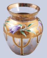 Szecessziós zománcfestett kisváza, kis kopással, m: 8 cm