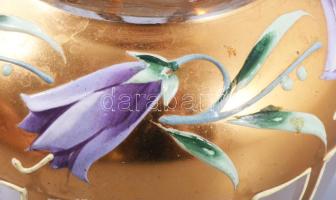 Szecessziós zománcfestett kisváza, kis kopással, m: 8 cm